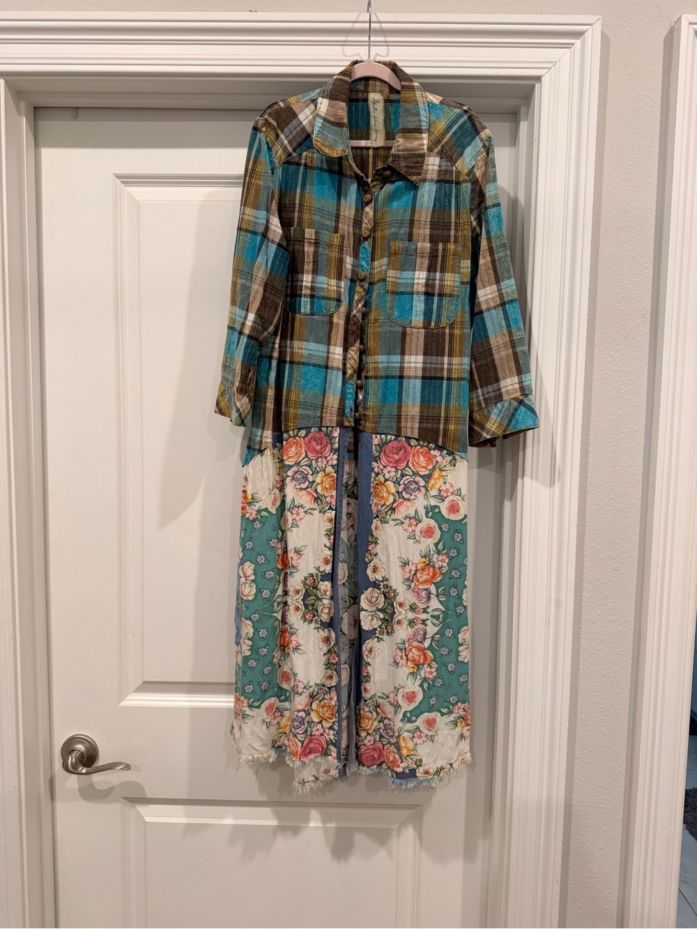 Aratta Silent Journey floral and plaid mixed media blouse or duster size small